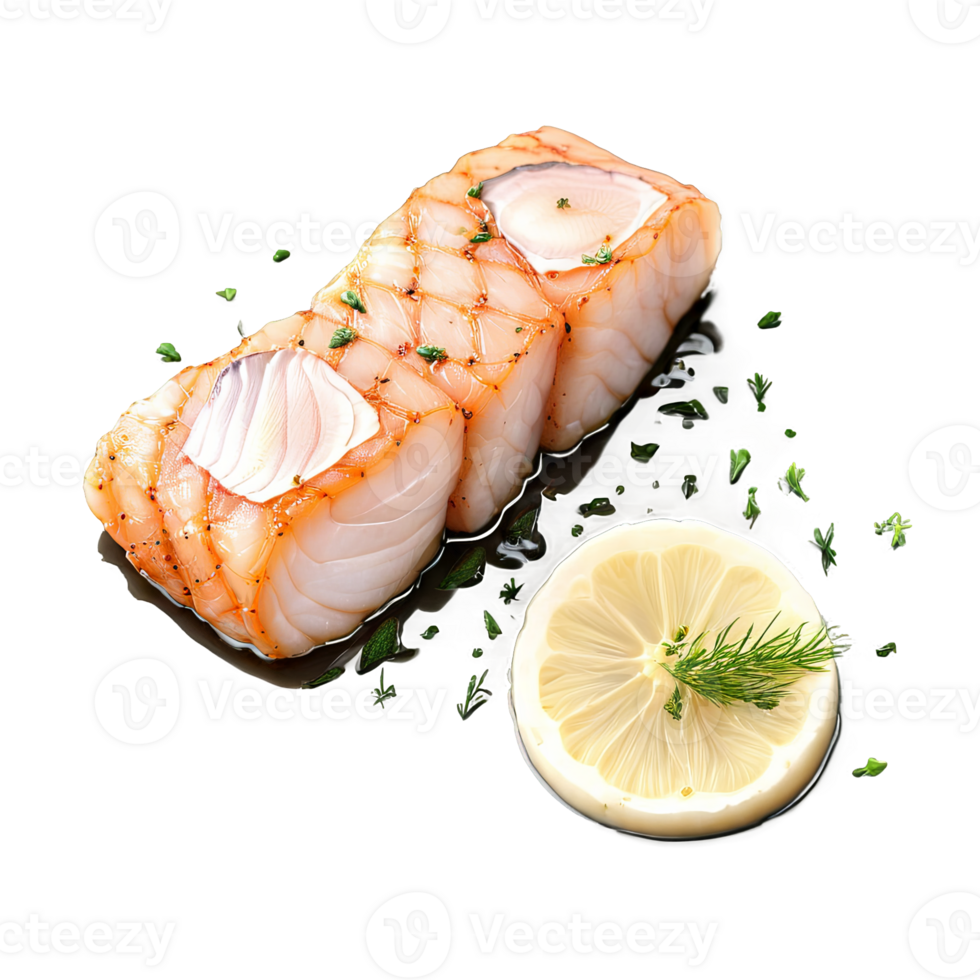 AI Generated A scrumptious monkfish fillet, pan-seared with a garlic and herb butter, delicates sea food, isolated on transparent background png