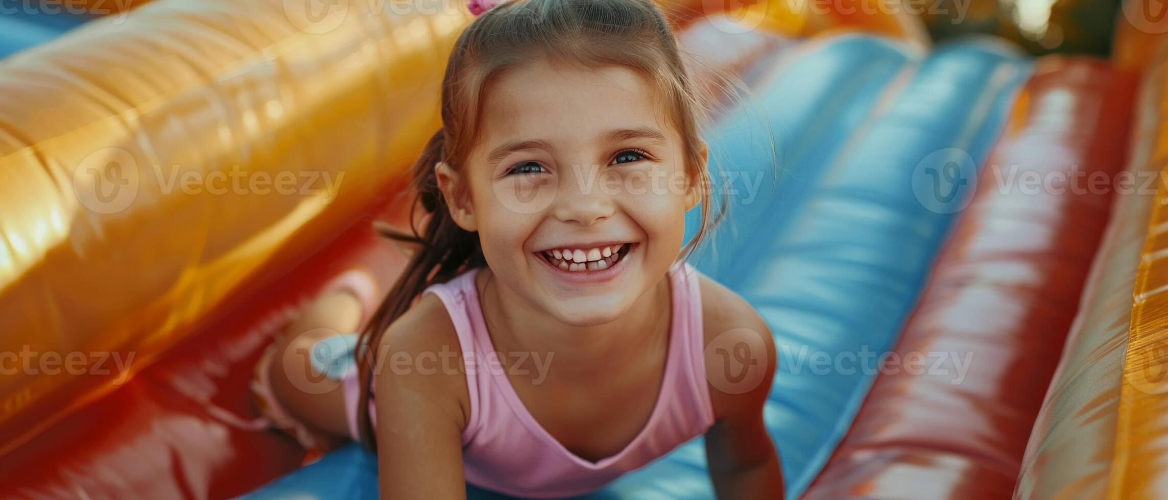 AI generated A young girl with a big smile playing on a colorful inflatable slide during a fun summer day. photo