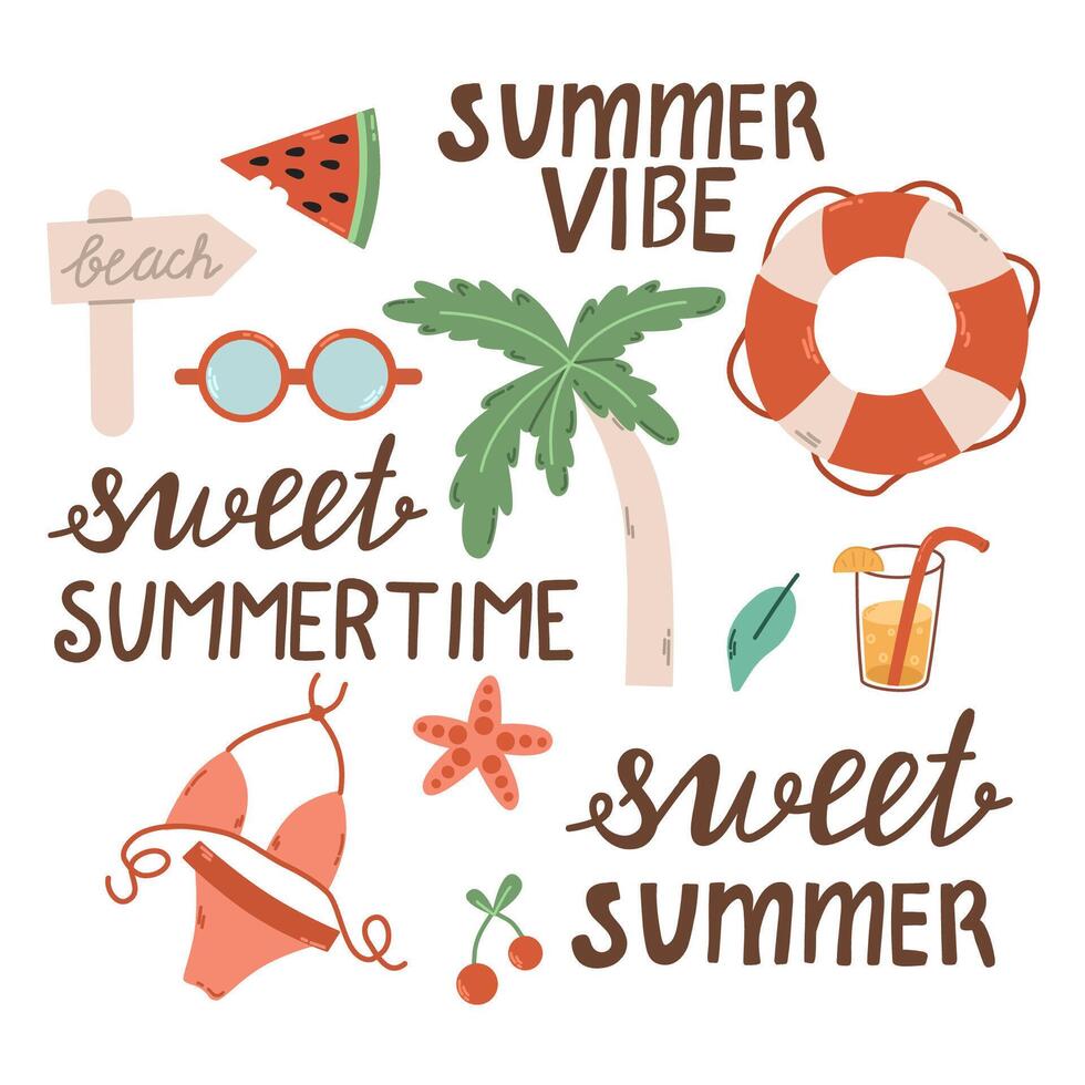 Summer lettering.Happy summer holiday hand drawn phrases, hello sunshine modern calligraphy. Collection Summer hand drawn elements for summer holiday and party. vector
