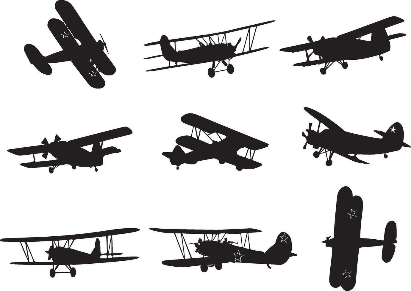 vector conjunto de siluetas de pequeño aviones oscuridad de motor ligero aeronave de maíz cultivadores con Soviético estrellas.