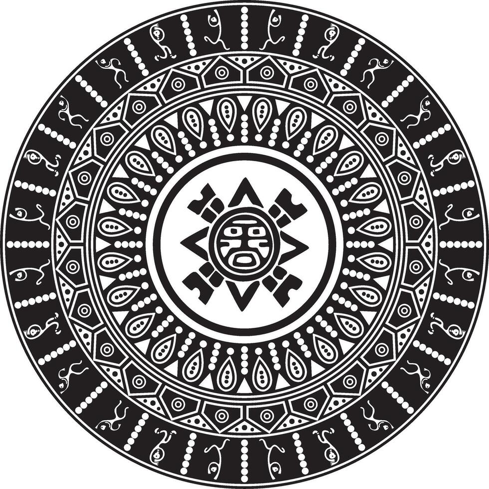 Vector monochrome Aztec ritual circle. Geometric round Native American ornament. Jewelry of ancient shamans.