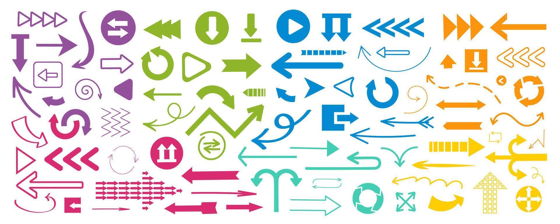 Arrows and pointers mega set in flat graphic design. Collection elements of colors cursors, download or upload signs, turning circles, clicks, repetitions, next, up and others. Vector illustration.
