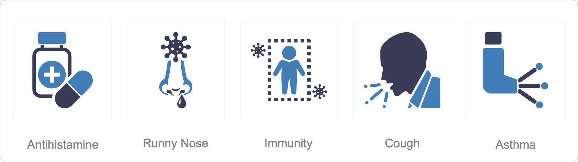 A set of 5 Allergy icons as antihistamine, runny nose, immunity vector
