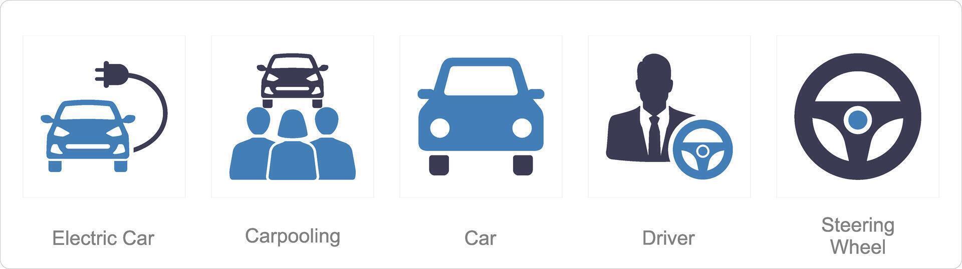 A set of 5 Car icons as electric car, carpooling, car vector