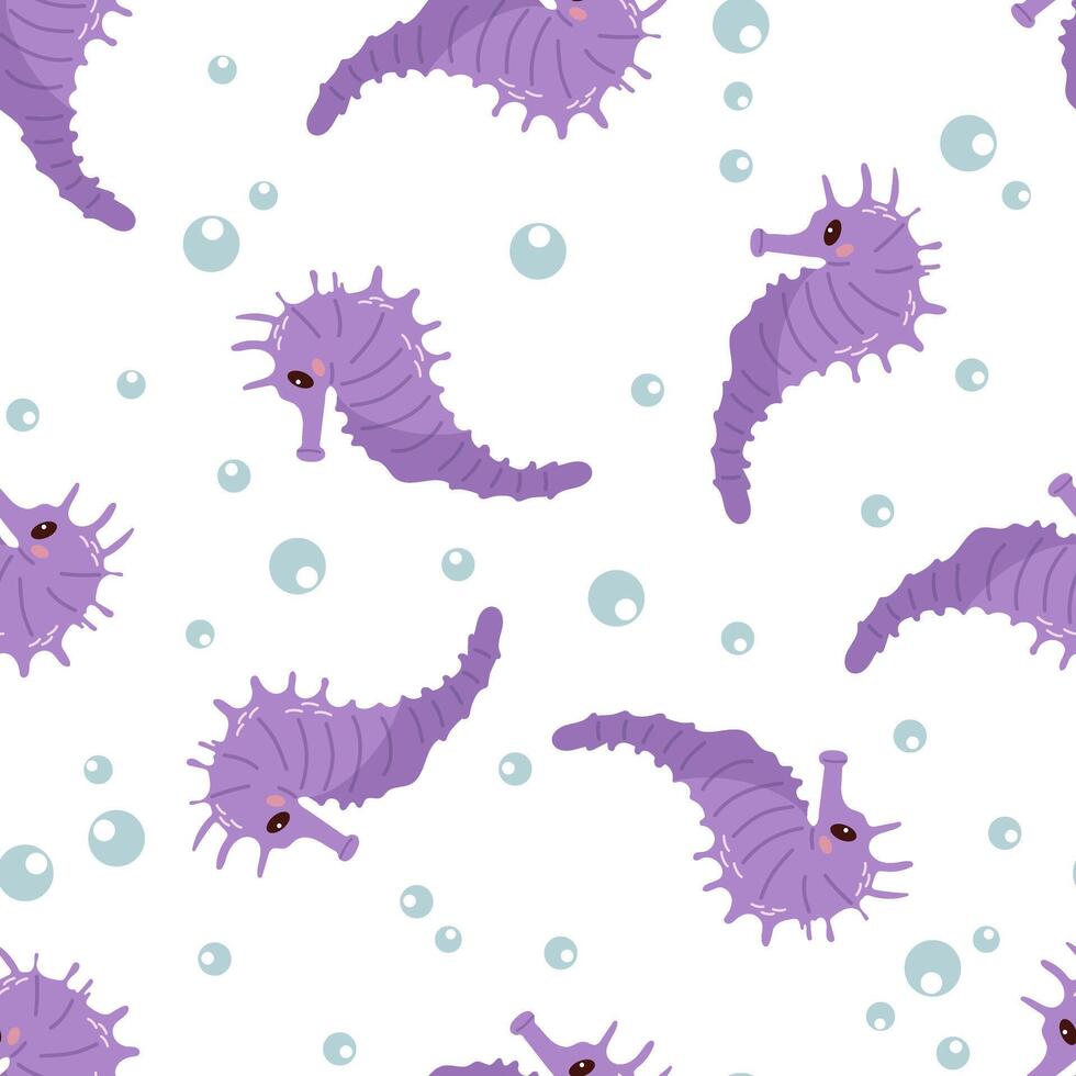 Cute hand-drawn colored seahorse, seamless pattern in flat style, ocean aquatic underwater kawaii vector. Vector cartoon illustration on white background.