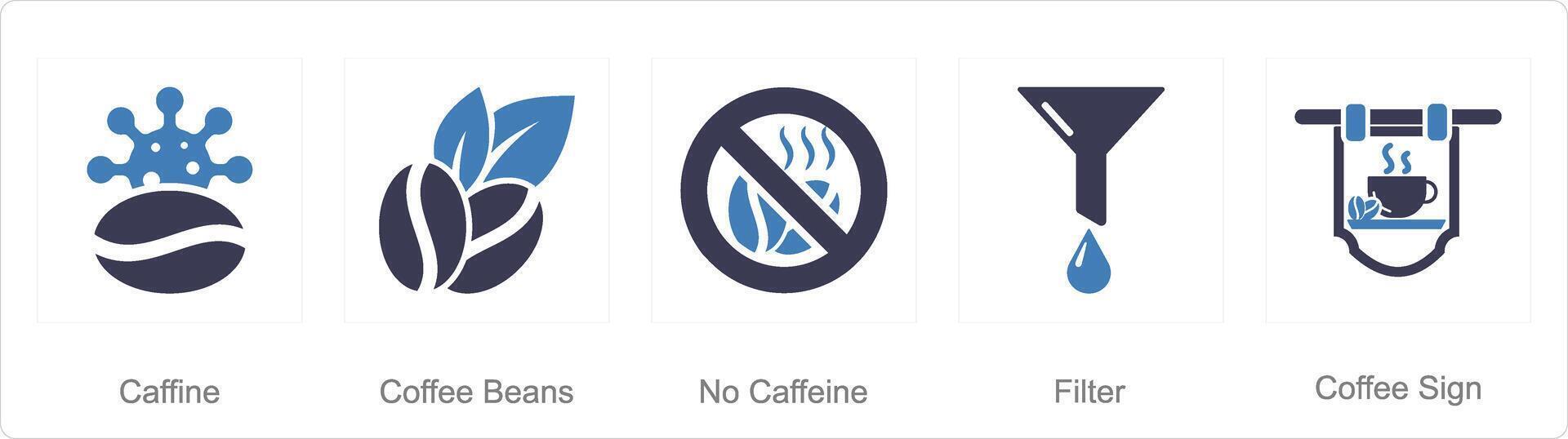 A set of 5 Coffee icons as caffiene, coffee beans, no caffiene vector