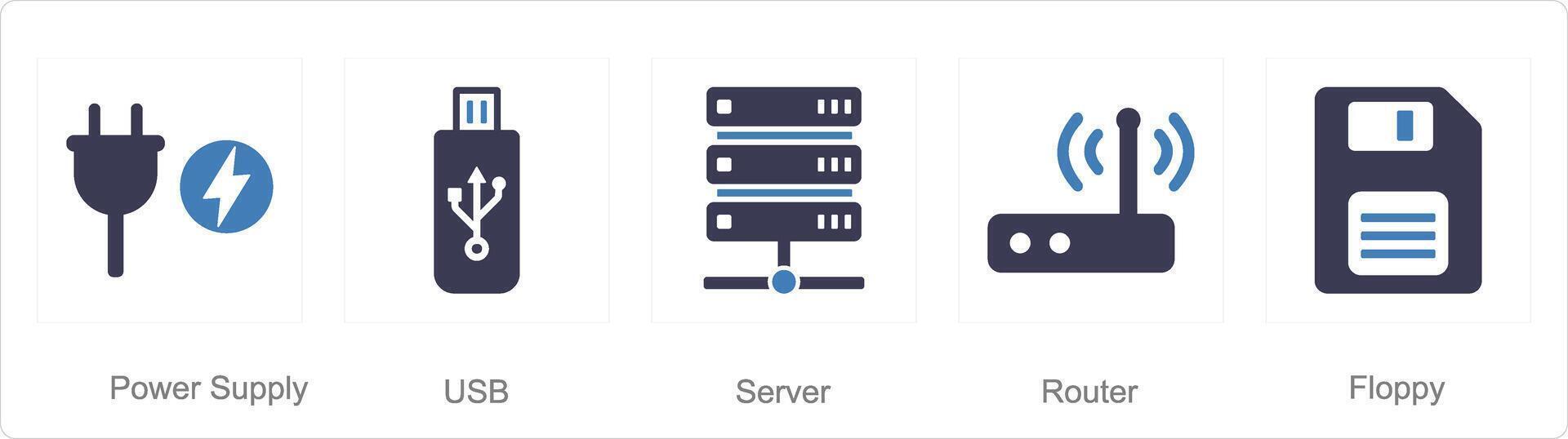 A set of 5 computerparts icons as power supply, usb, server vector