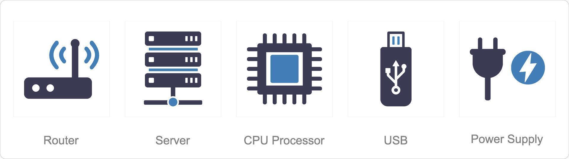 un conjunto de 5 5 Partes de una computadora íconos como enrutador, servidor, UPC procesador vector