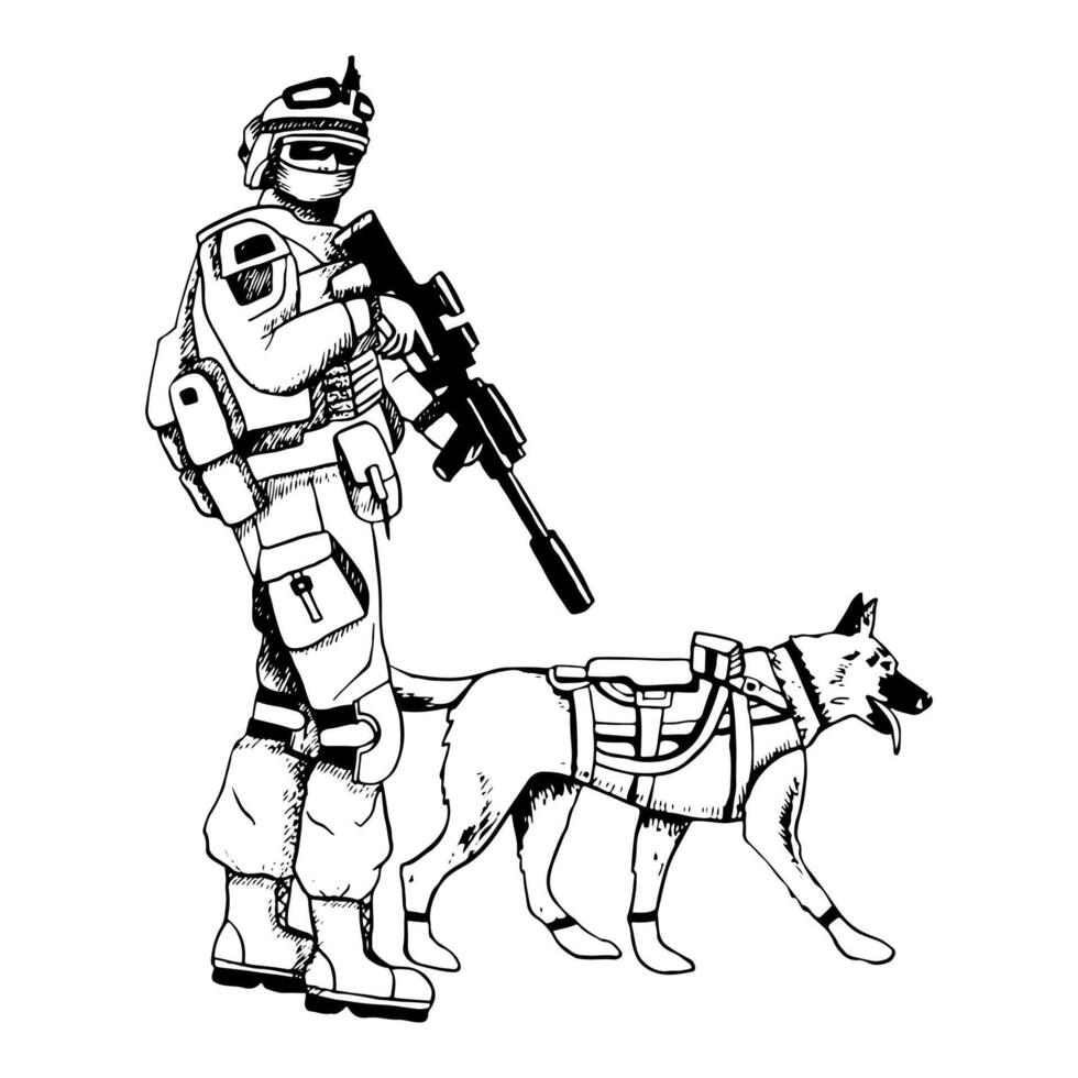 K9 Military dog in vest with armed soldier soldier vector illustration. Walking German shepherd or belgian malinois black and white drawing for patriotic Veteran day designs.