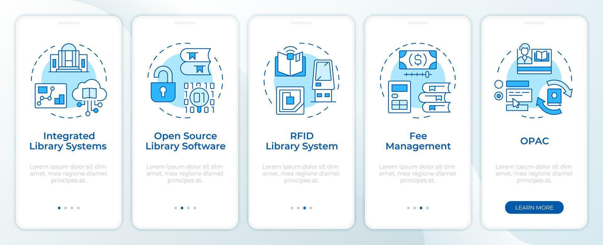 Digital library blue onboarding mobile app screen. Walkthrough 5 steps editable graphic instructions with linear concepts. UI, UX, GUI template. Montserrat Semibold, Regular fonts used vector