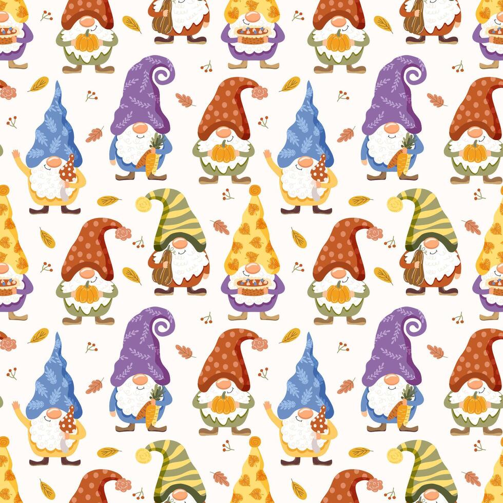 Funny gnomes. Autumn theme. Vector illustration. Seamless pattern