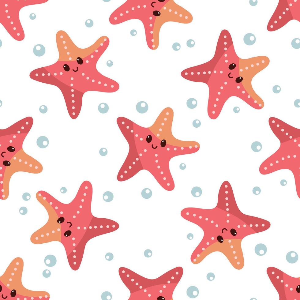 Cute hand-drawn colored marine Starfish, seamless pattern in flat style, ocean aquatic underwater kawaii vector. Vector cartoon illustration on white background.