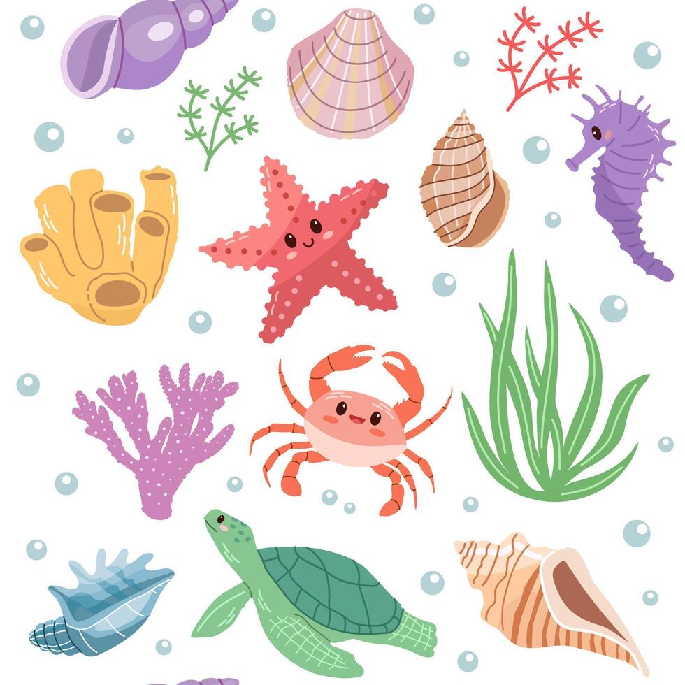Sea animals. Seamless pattern of hand-drawn sea life creatures and elements. Vector doodle cartoon set of marine life objects. Flat illustration on white background. Collection for stickers.