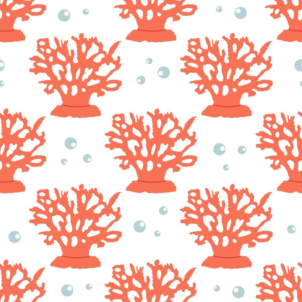 Cute hand-drawn colored coral in flat style, seamless, pattern, ocean aquatic underwater kawaii vector. Vector cartoon illustration on white background.