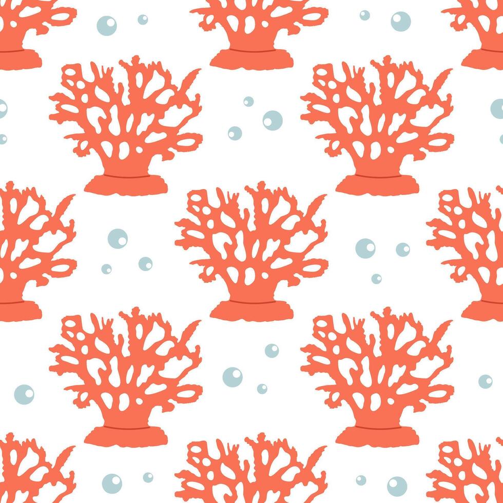 Cute hand-drawn colored coral in flat style, seamless, pattern, ocean aquatic underwater kawaii vector. Vector cartoon illustration on white background.