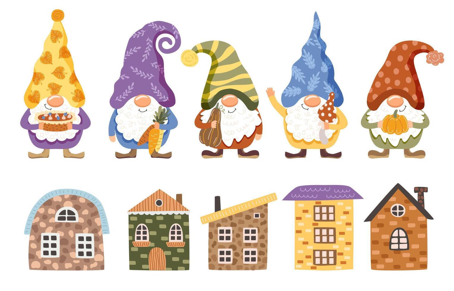 Cute gnomes and houses. Set of elements. Vector illustration