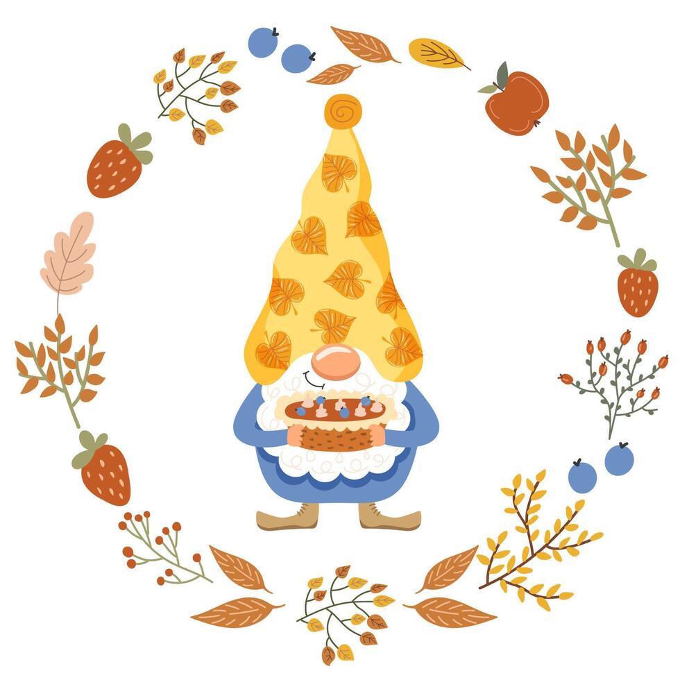 Funny gnome with a pie. Autumn. Vector illustration