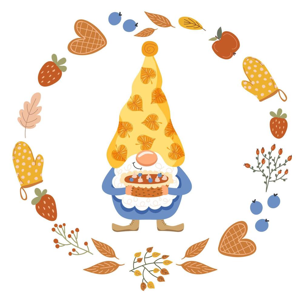 Funny gnome with a pie. Autumn. Vector illustration