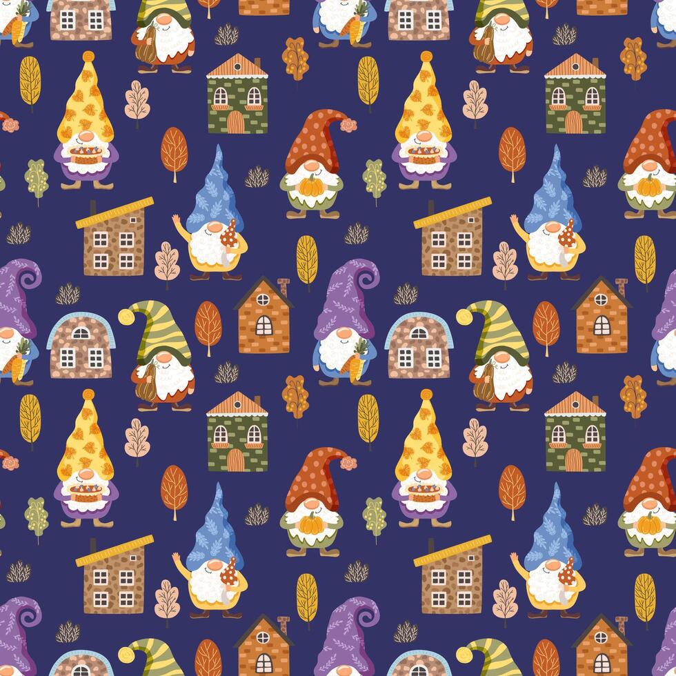 Cute gnomes and houses. Seamless pattern. Vector illustration