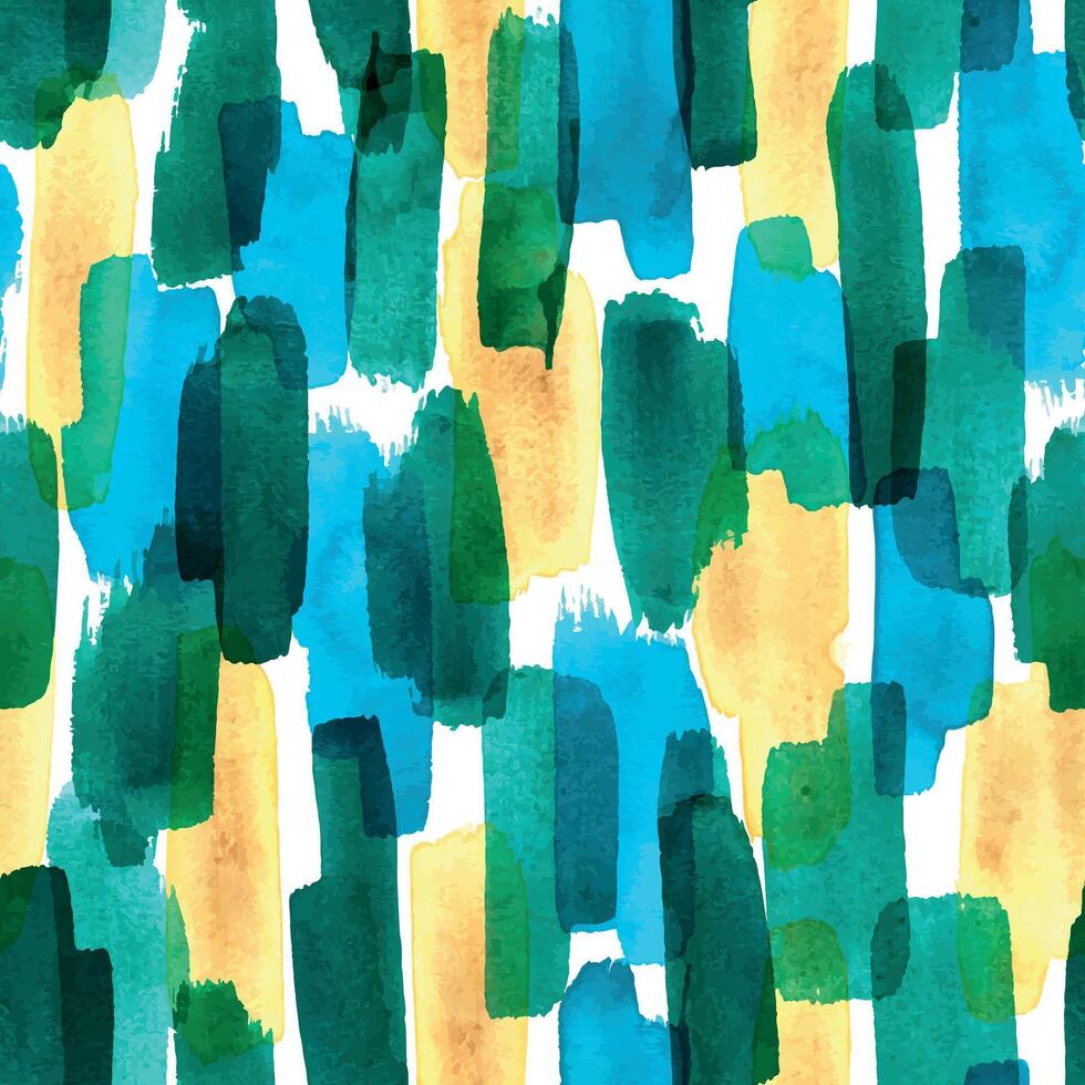 Watercolor spots and brush strokes of turquoise, blue and ochre colors. Watercolor illustration, seamless pattern, simple, abstract, in marine colors. For fabric,textiles, wallpaper vector