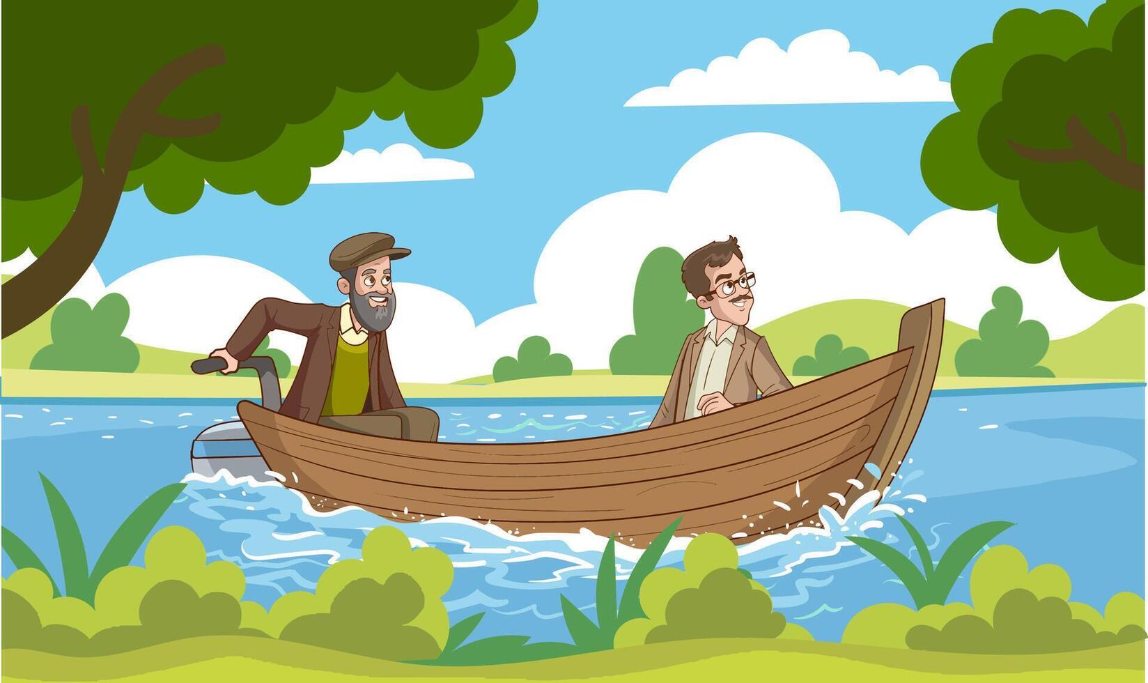 vector ilustración de dos hombres paseo en barco en el hombres de mar en el barco y marina