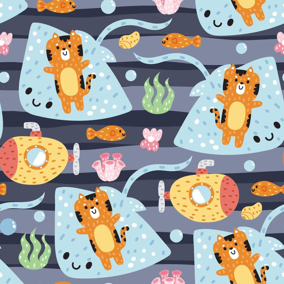 Seamless pattern of tiger lay on stingray soft hair with submarine cartoon style hand drawn.Sea life and wild animal character.Coral.Ocean.Summer.Under water.Kawaii.Vector.Illustration vector