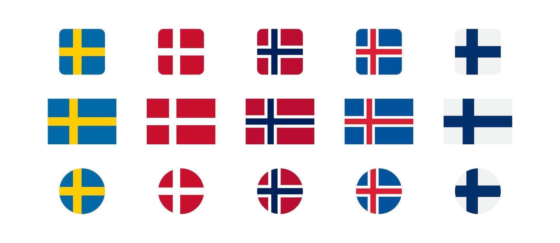 Escandinavia bandera país. Suecia, Finlandia, Dinamarca, Noruega, Islandia nacional Europa bandera vector. vector