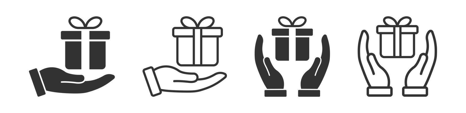 Hand holding surprise icon. Christmas, birthday present. Box with ribbon. Celebration sign. vector