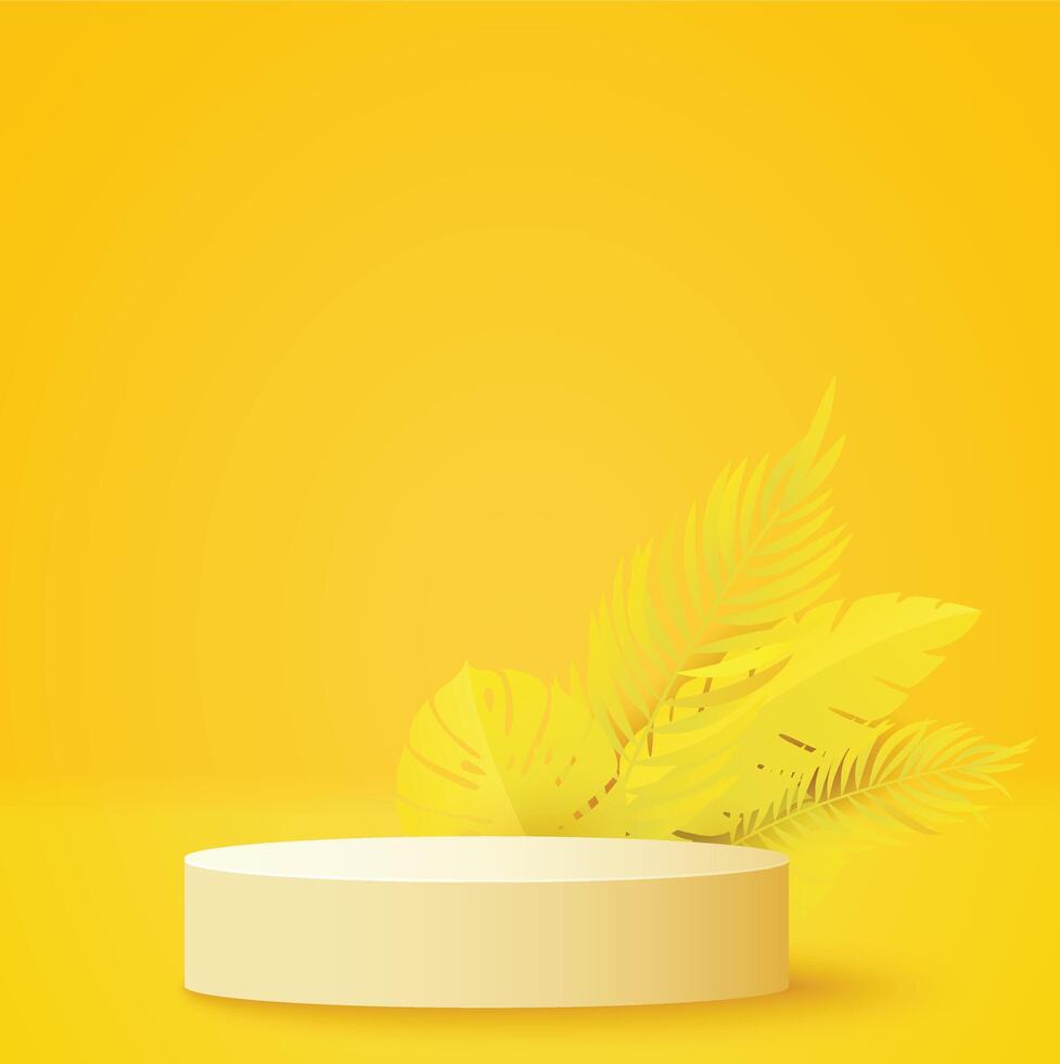 Yellow Product podium with paper cut monstera leaf on yellow background. Modern mockup template for advertising. Vector illustration