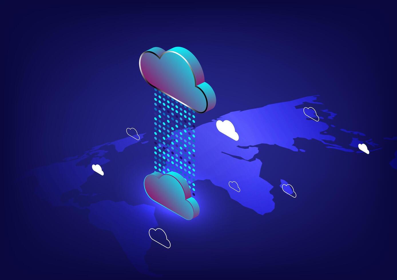 Hi-tech abstract background of world cloud computing concept. Technology Connecting to cloud computing, downloading and uploading data. Abstract 3d isometric vector illustration.