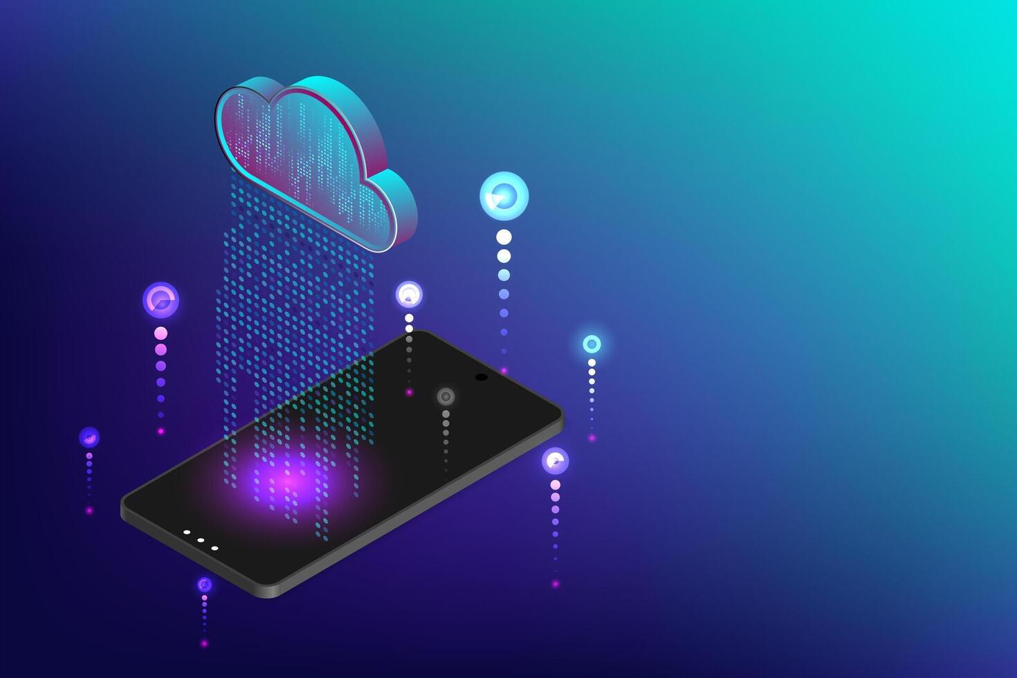 Hi-tech abstract background of cloud computing concept. Technology Connecting to cloud computing, downloading and uploading data on mobile device. Abstract 3d isometric vector illustration.