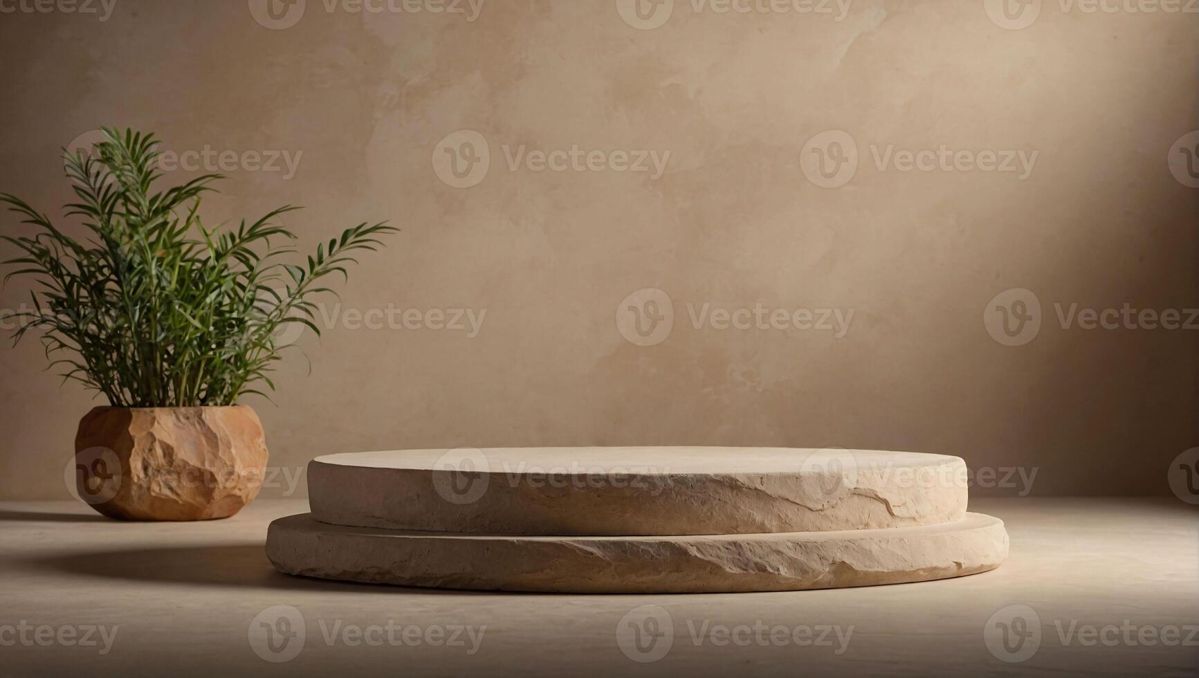 AI generated Empty round rock podium for products presentation on beige background photo