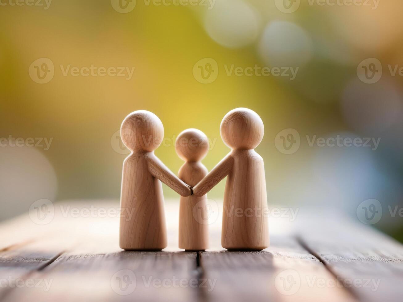 AI generated Wooden family figure holding hands on table, Love, warmth concept ideas. photo