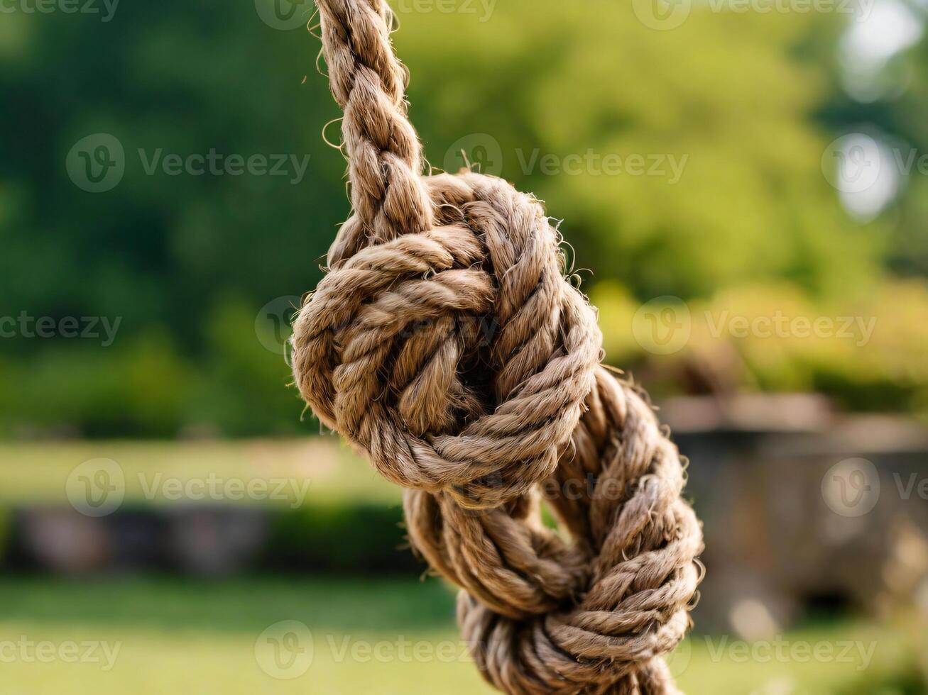 AI generated A rustic rope with a complex knot, tangle mess, garden background, picture for troubleshooting. photo