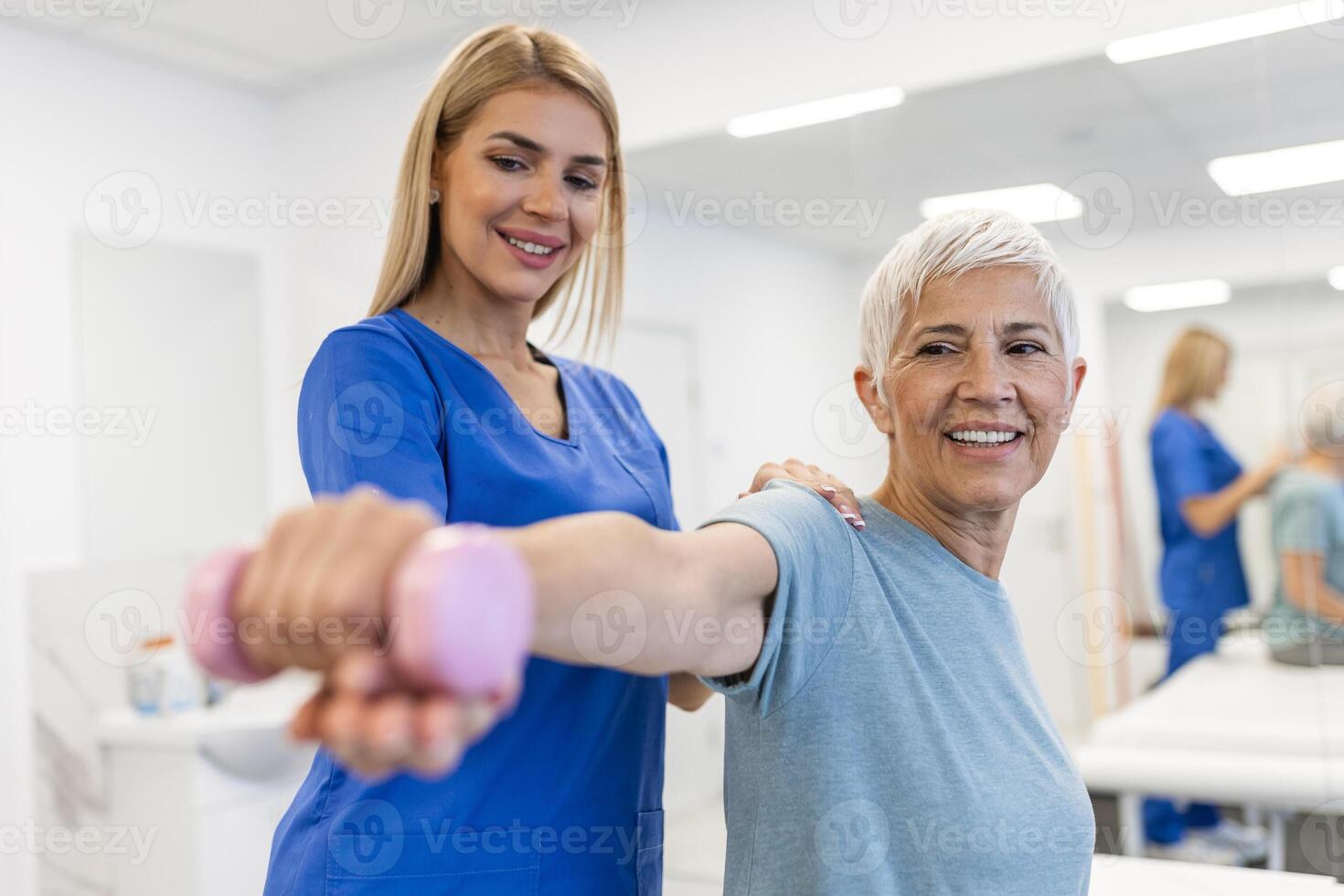 Professional therapists is stretching muscles, senior patient with abnormal muscular symptoms, physical rehabilitation therapies and treatment of physiological disorders by physiotherapists concept. photo