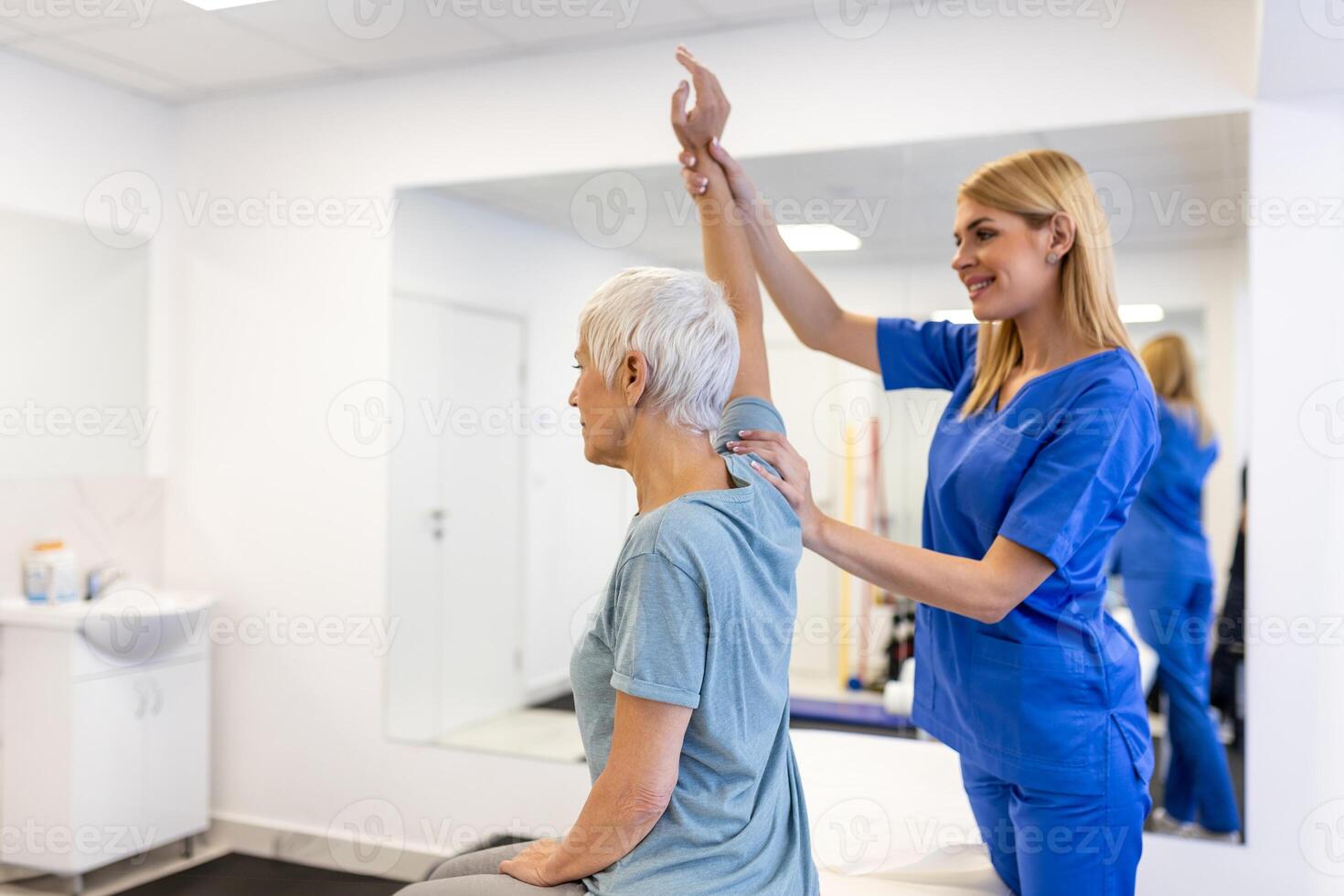 Patient stretching, physiotherapist woman and physical therapy help for muscle or arthritis exercise in consulting exam. Physiotherapy, chiropractor and healthcare rehabilitation support of woman photo