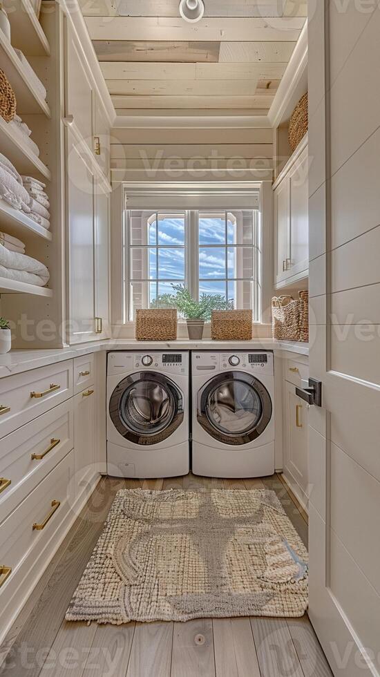 AI Generated Bright and functional laundry room with ample storage and folding space photo