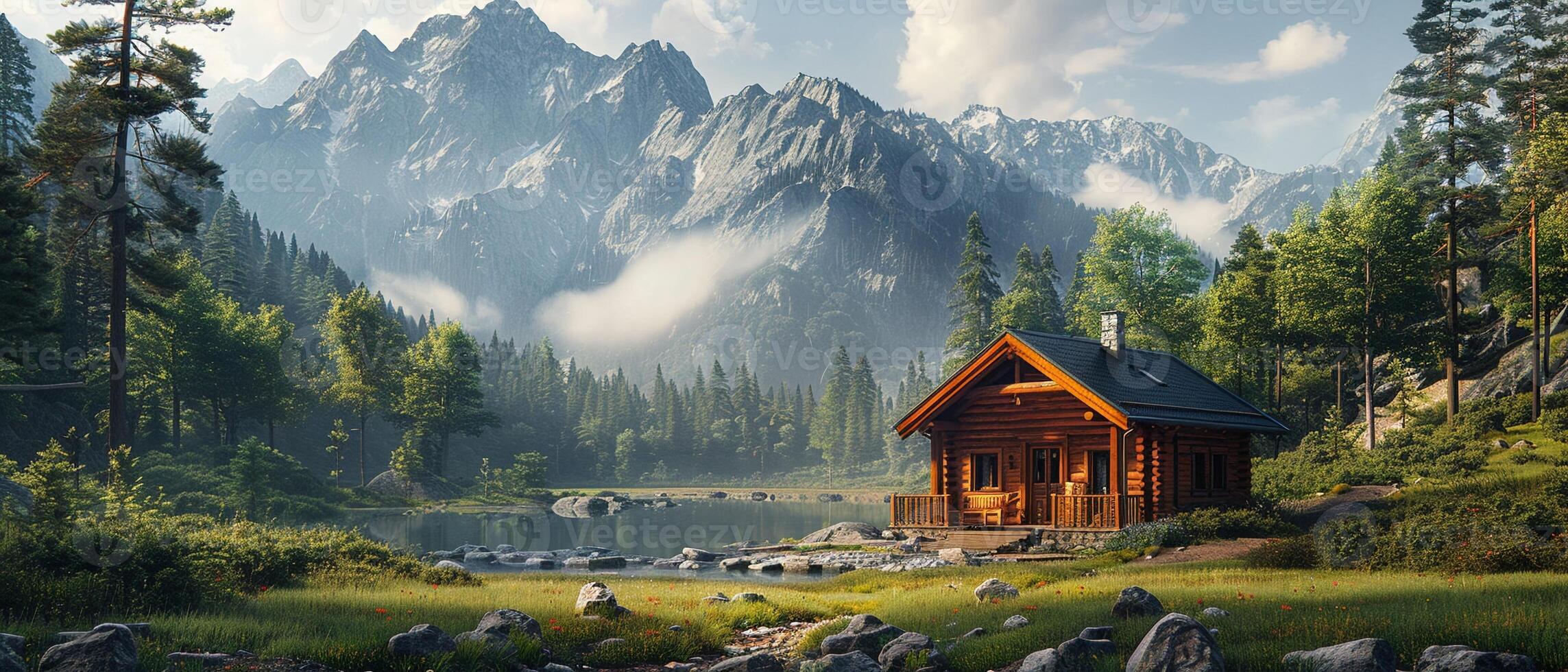 AI Generated Cabin in Alpine Region for Mountain Adventures photo