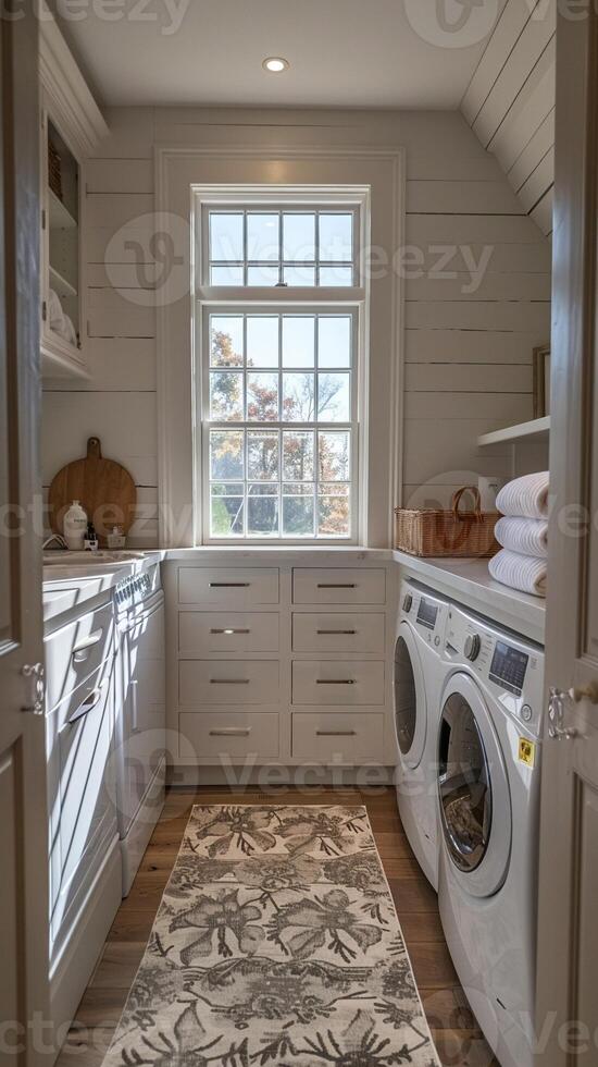AI Generated Bright and functional laundry room with ample storage and folding space photo