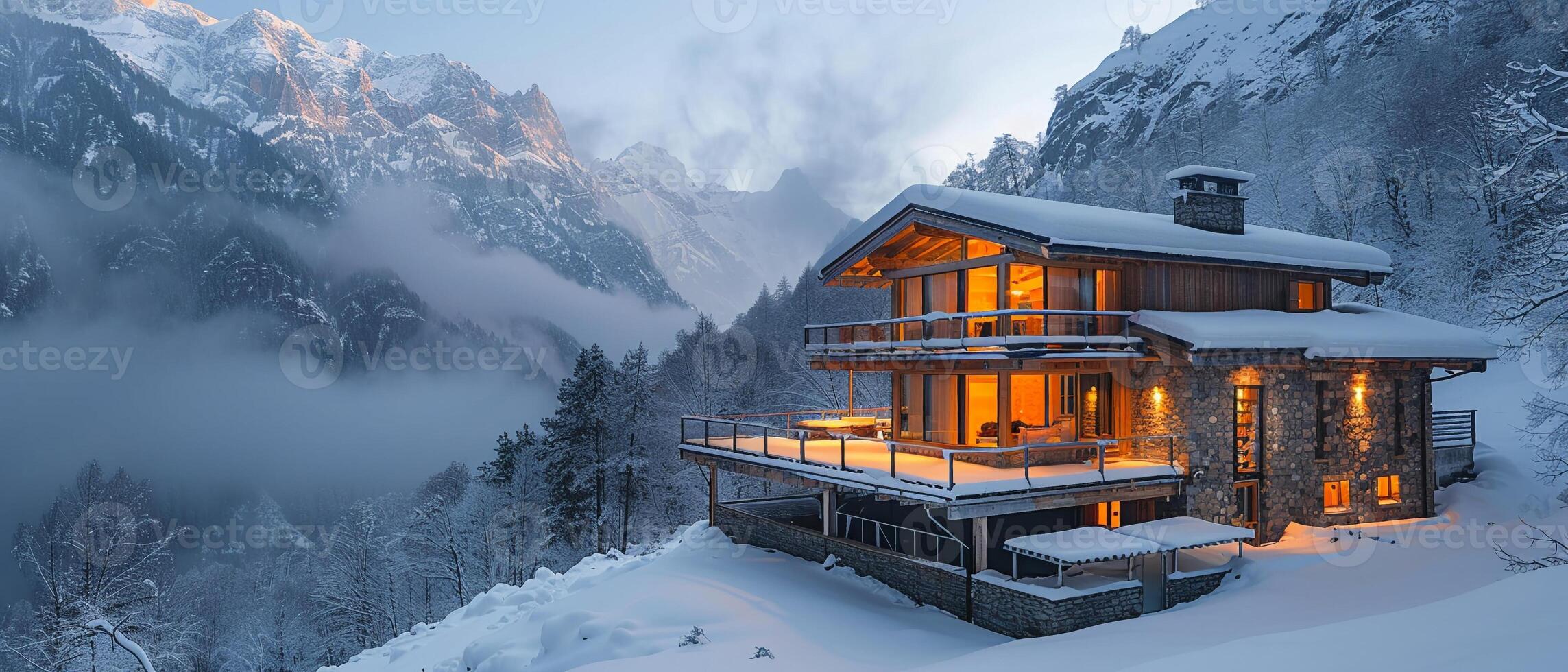 AI Generated Cabin in Alpine Region for Mountain Adventures photo