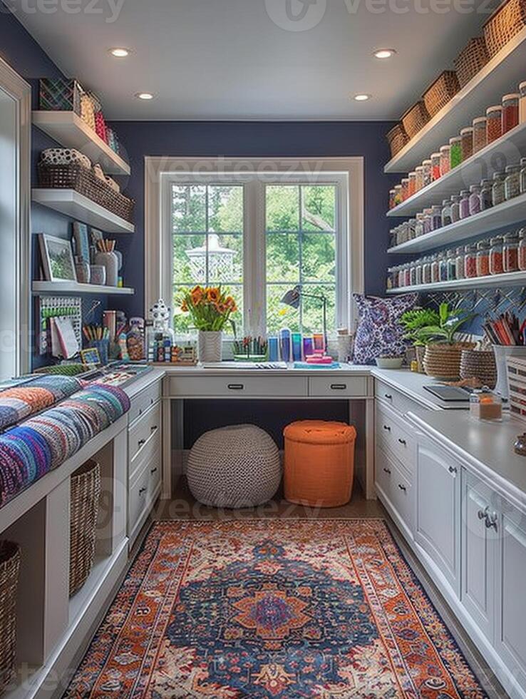 AI Generated Bright and functional craft room with wall-mounted organizers and a central worktable. photo
