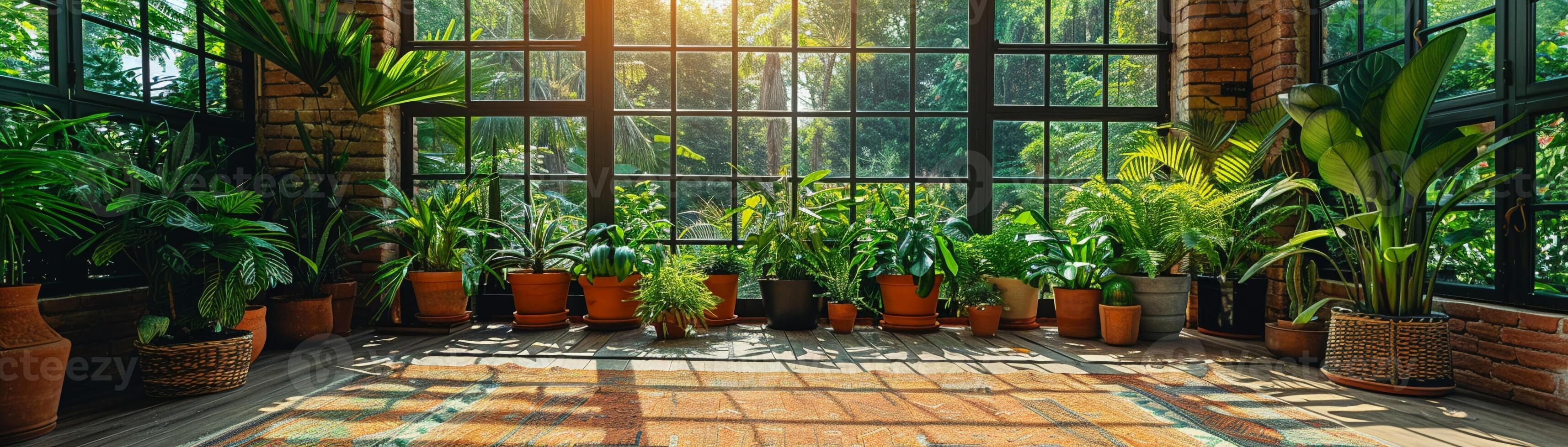 ai generado brillante y aireado conservatorio con piso a techo vaso y tropical plantas. foto