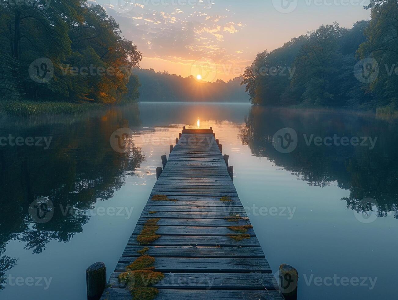 AI Generated Calm Lake at Dawn with Wooden Dock photo