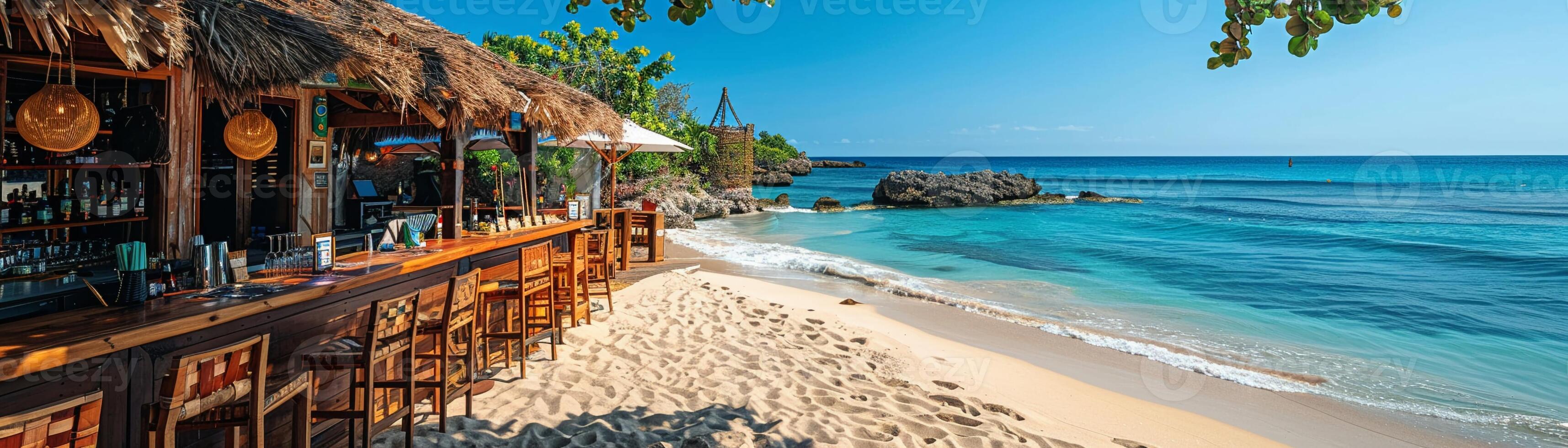 AI Generated Caribbean-inspired beach bar with thatched roofs and sand floors photo