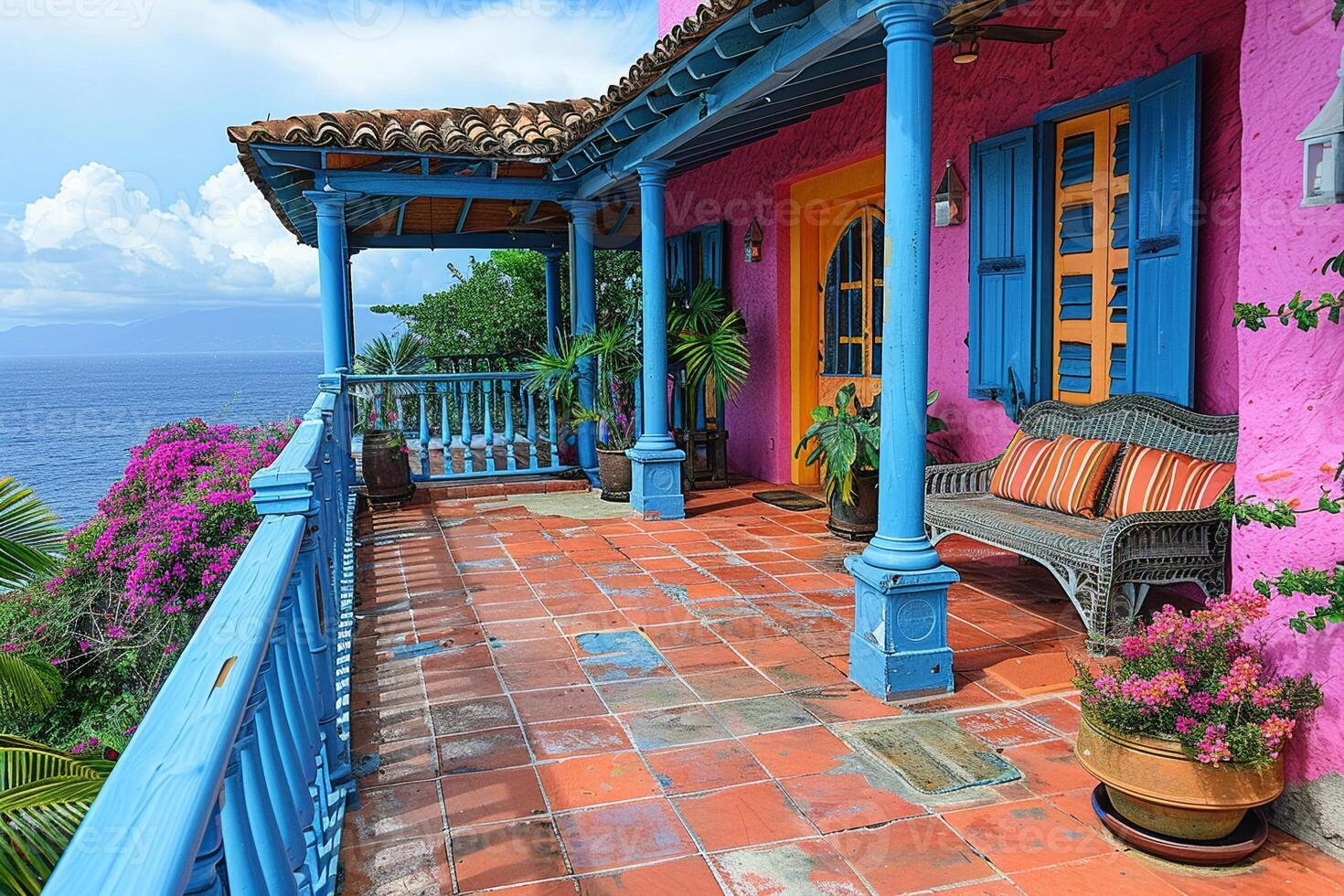 AI Generated Brightly Colored Caribbean Home with Breezy Veranda photo