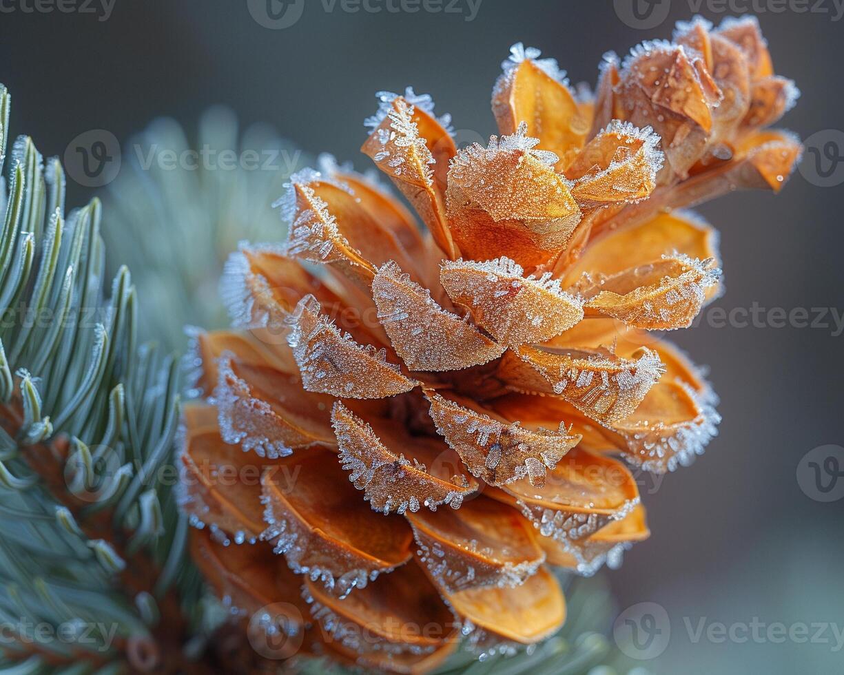 AI Generated Macro shot of frost on a pine cone photo