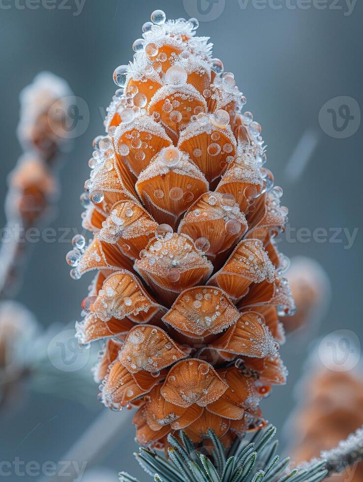 ai generado macro Disparo de escarcha en un pino cono foto