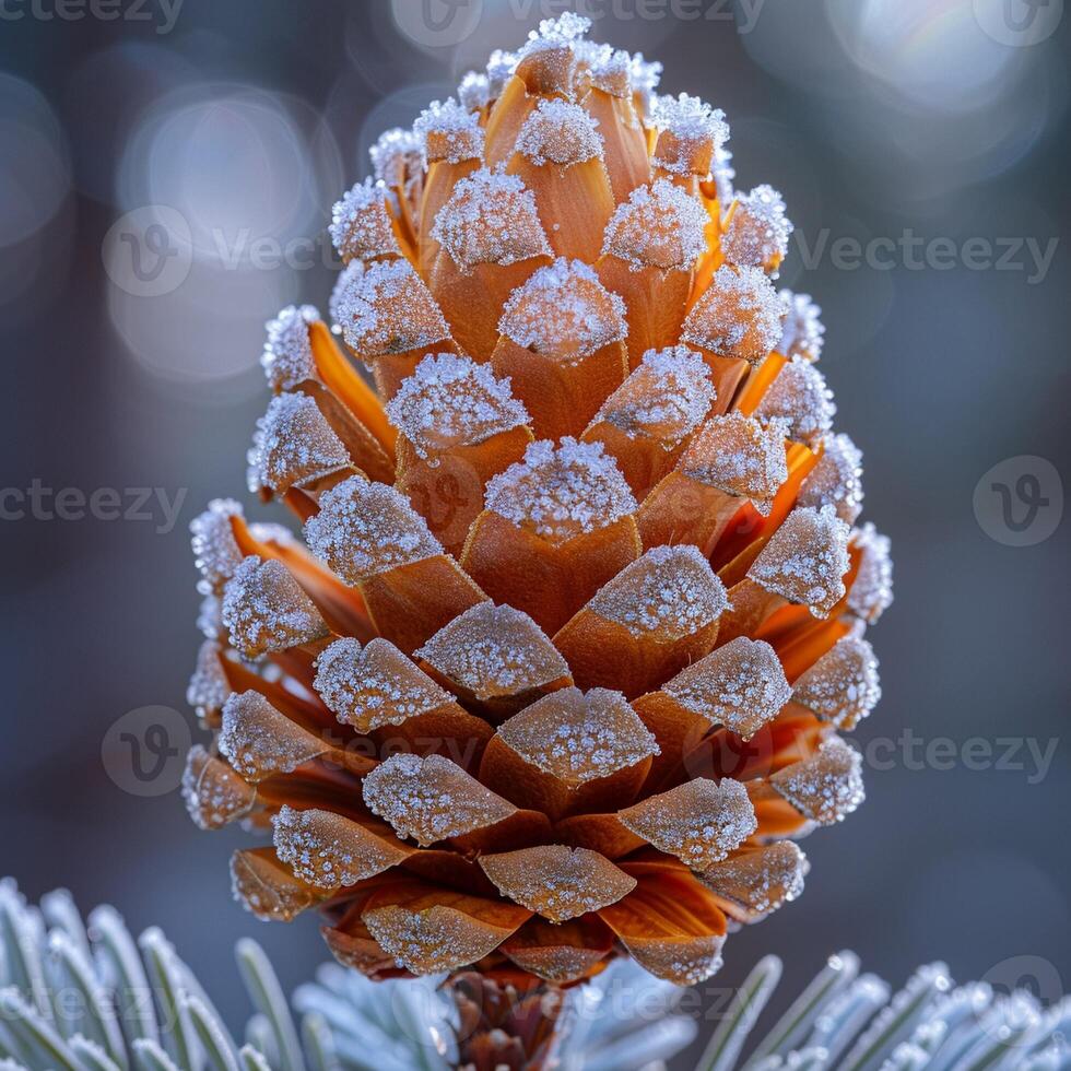 AI Generated Macro shot of frost on a pine cone photo