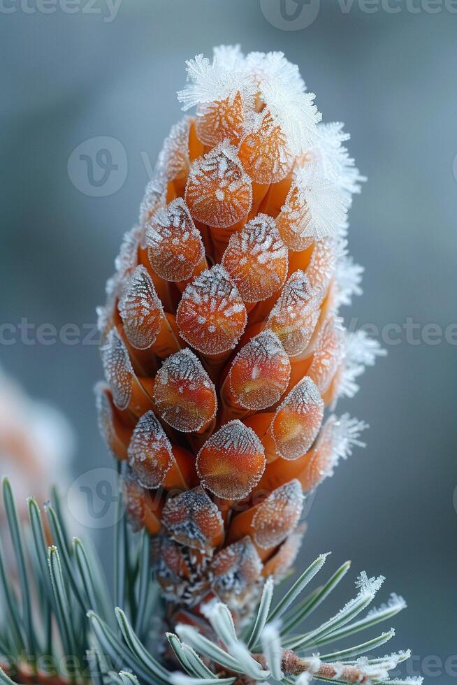 AI Generated Macro shot of frost on a pine cone photo