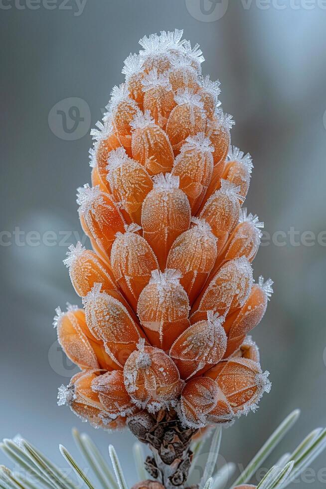 AI Generated Macro shot of frost on a pine cone photo